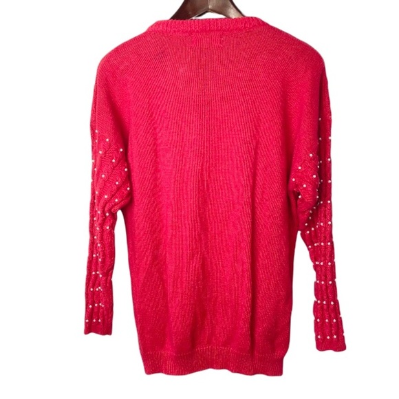 Vintage classic red pearl embellished heavy cable knit holiday sweater medium - Picture 2 of 7
